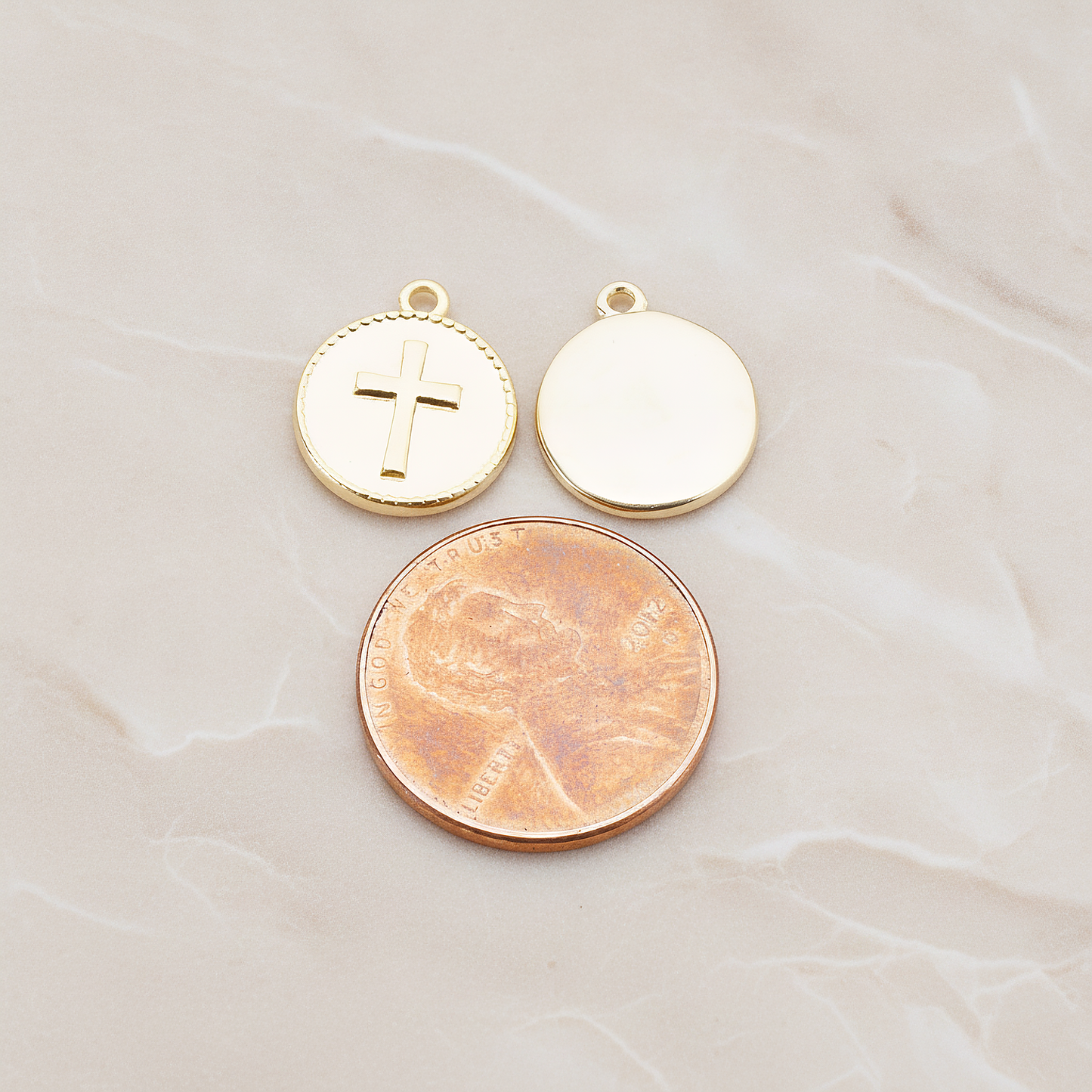 Cross Round Tag Disk Pendant, 2 Pc on warm marble background (PD.902)