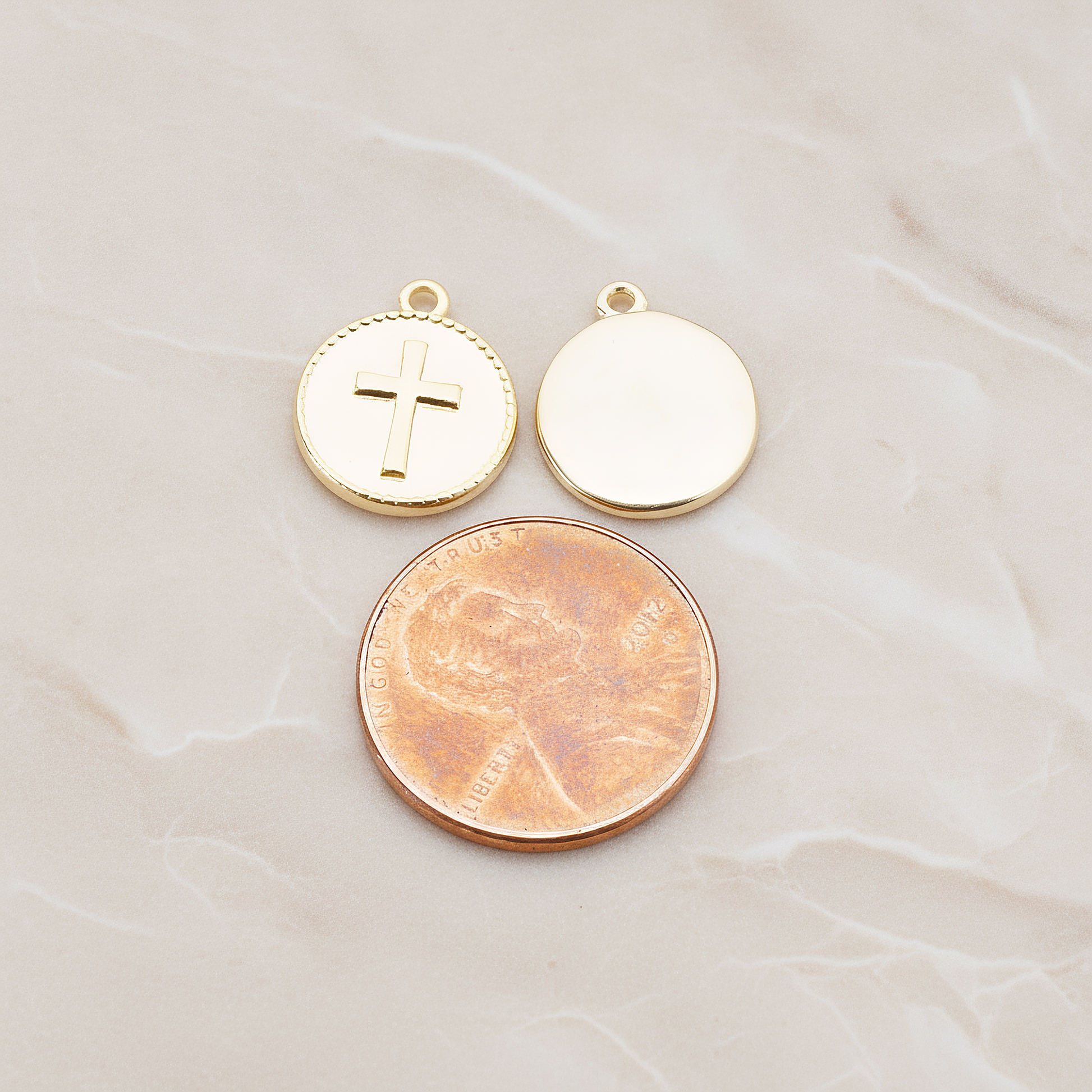 Cross Round Tag Disk Pendant, 2 Pc on warm marble background (PD.902)