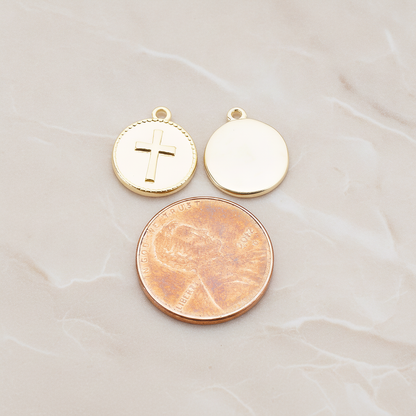 Cross Round Tag Disk Pendant, 2 Pc on warm marble background (PD.902)