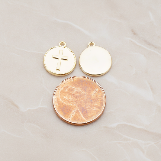 Cross Round Tag Disk Pendant, 2 Pc on warm marble background (PD.902)