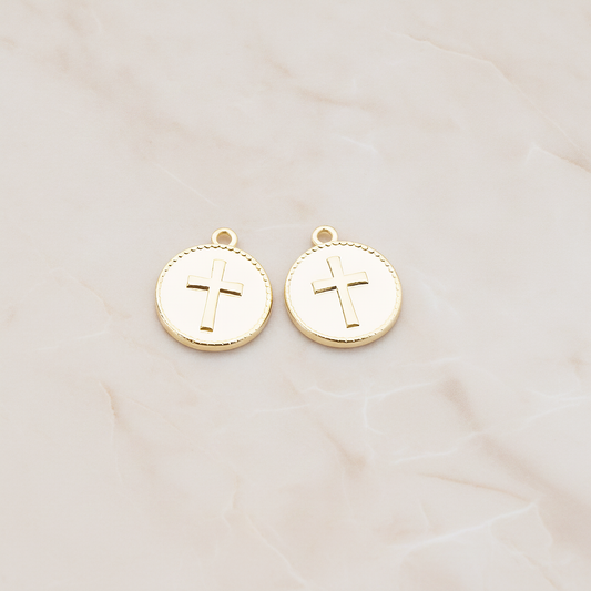 Cross Round Tag Disk Pendant, 2 Pc on warm marble background (PD.902)