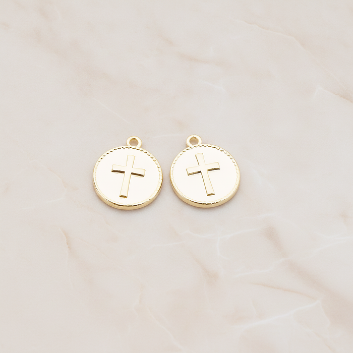 Cross Round Tag Disk Pendant, 2 Pc on warm marble background (PD.902)