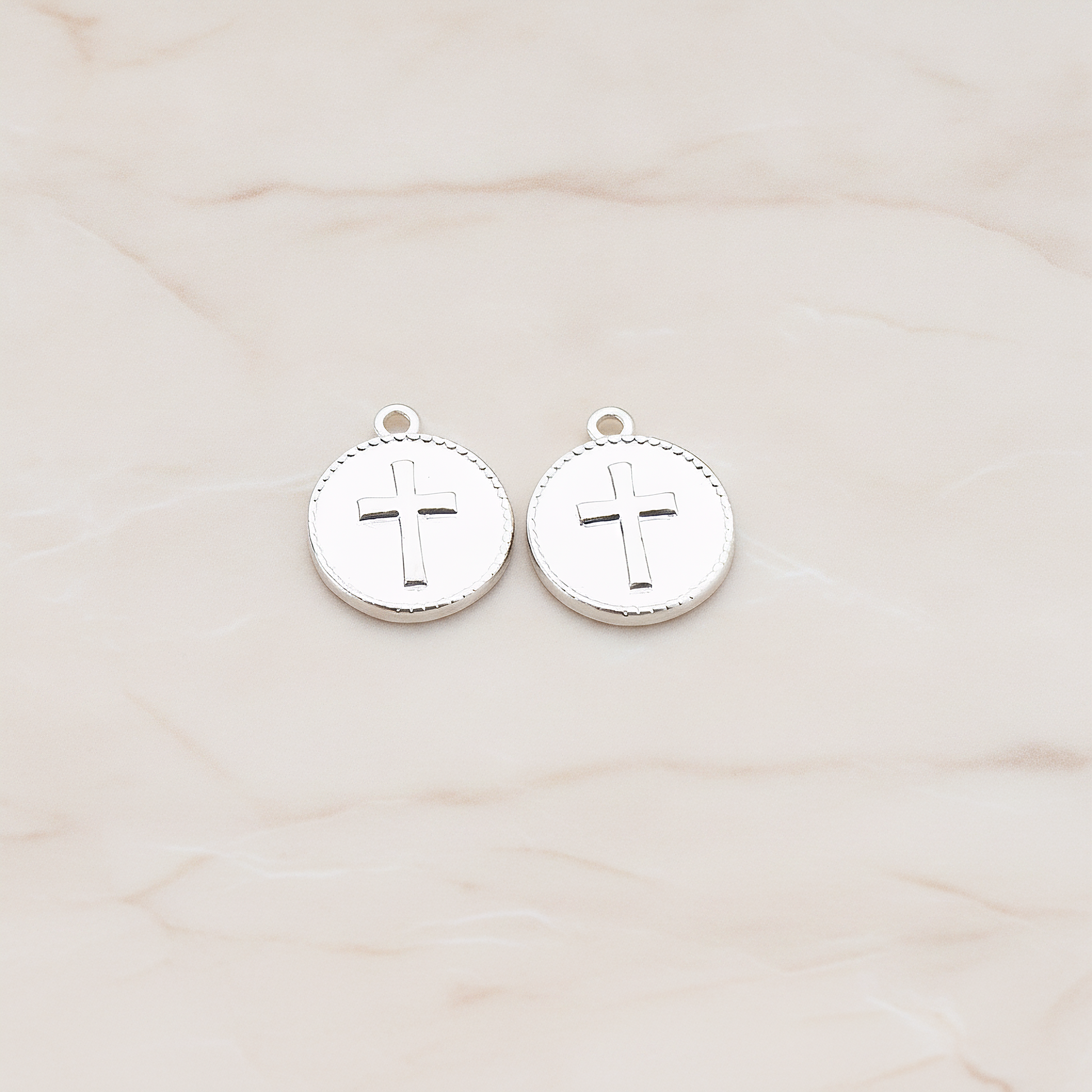 Cross Round Tag Disk Pendant, 2 Pc on warm marble background (PD.902)