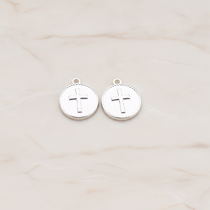 Cross Round Tag Disk Pendant, 2 Pc on warm marble background (PD.902)