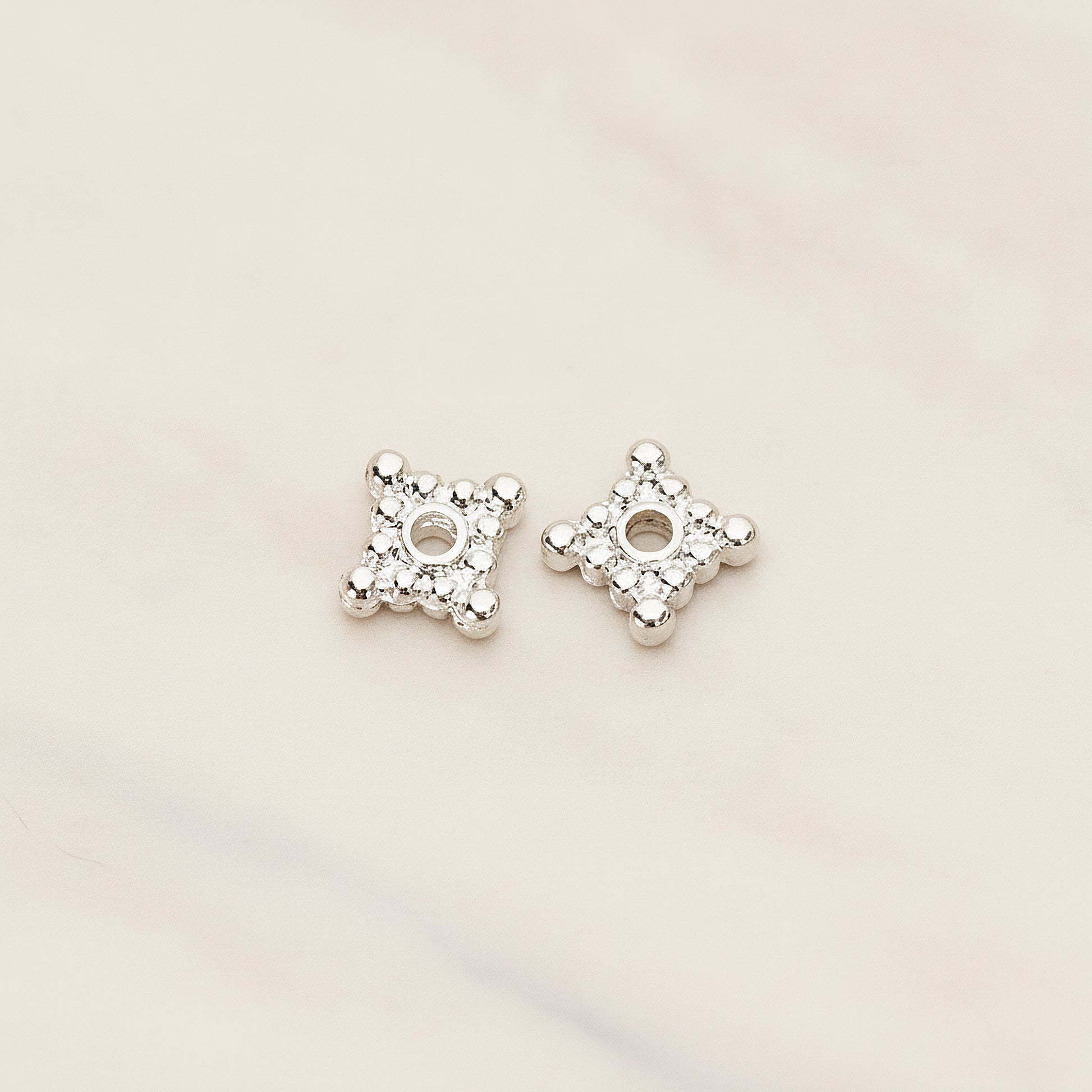 Dotted Mini Square Metal Bead Caps Spacer, 6 Pc - Glossy Original Rhodium (BD.046)
