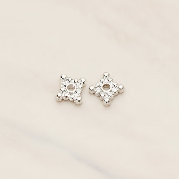Dotted Mini Square Metal Bead Caps Spacer, 6 Pc - Glossy Original Rhodium (BD.046)