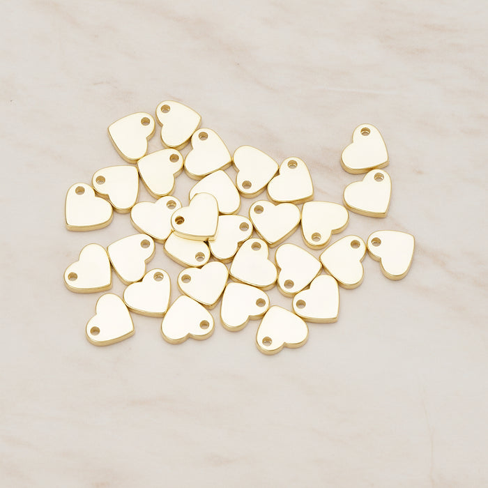 Flattened 7mm Heart Metal Bead Charm Pendant, 4 Pc - Glossy Gold NO ENGRAVING (BD.052)