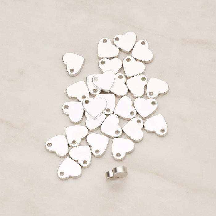 Flattened 7mm Heart Metal Bead Charm Pendant, 4 Pc - Matte Original Rhodium NO ENGRAVING (BD.052)
