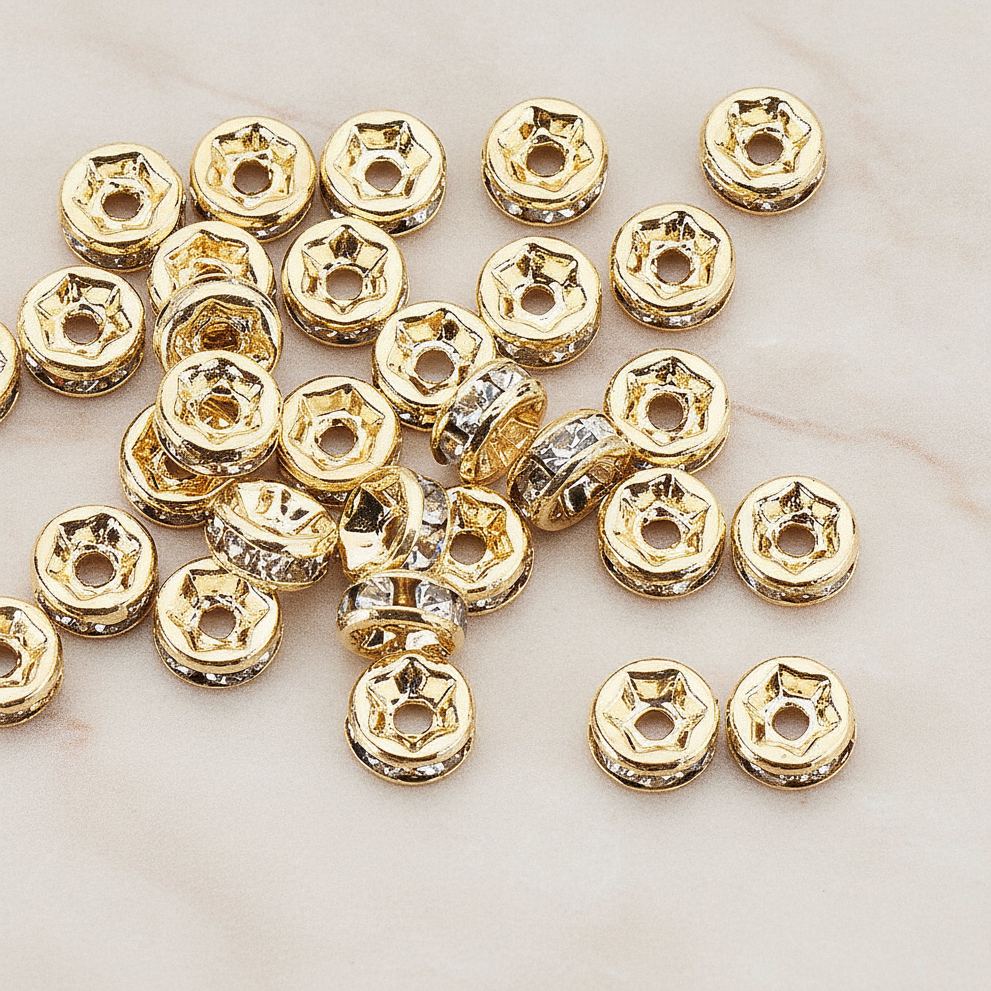 Cubic Zirconia Setting Rhinestone Rondelle Metal Bead, 8 Pc - Glossy Gold (BD.921)