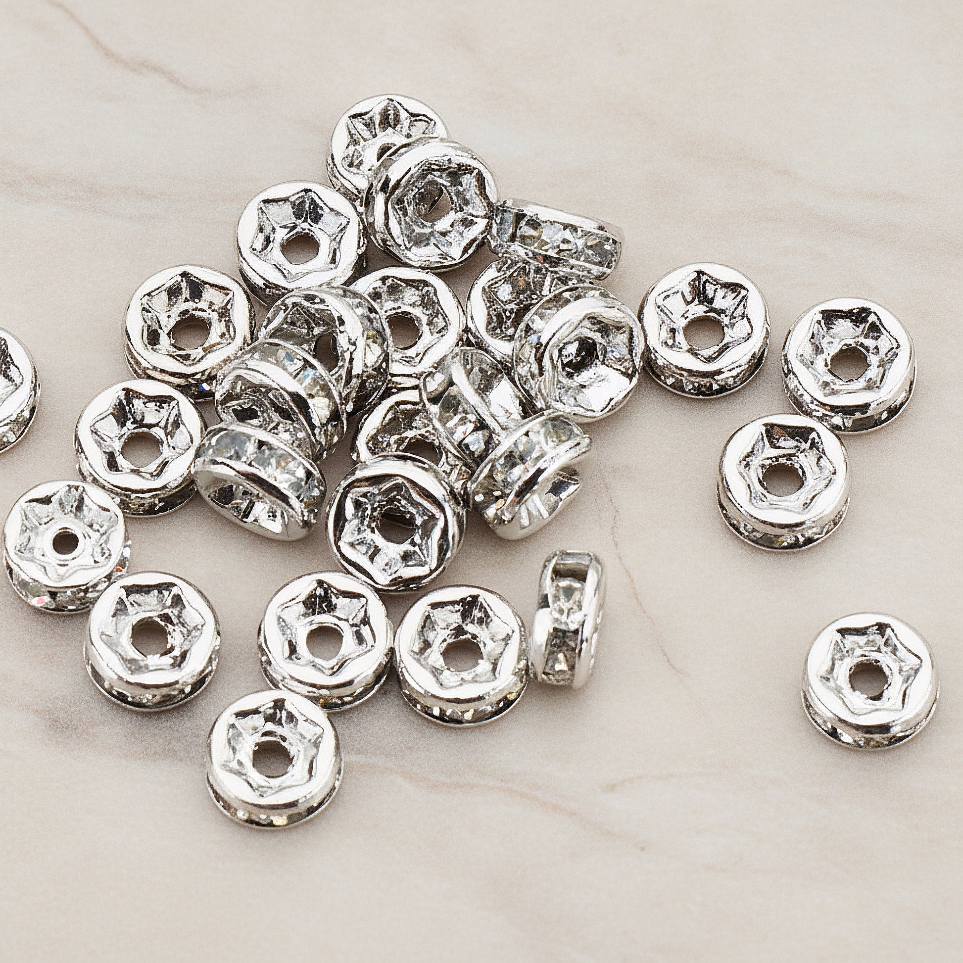 Cubic Zirconia Setting Rhinestone Rondelle Metal Bead, 8 Pc - Glossy Original Rhodium (BD.921)