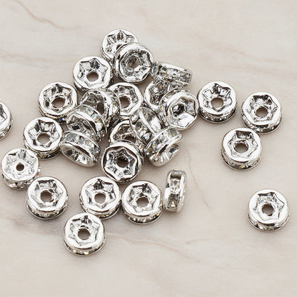 Cubic Zirconia Setting Rhinestone Rondelle Metal Bead, 8 Pc - Glossy Original Rhodium (BD.921)