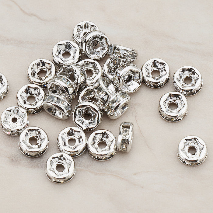 Cubic Zirconia Setting Rhinestone Rondelle Metal Bead, 8 Pc - Glossy Original Rhodium (BD.921)