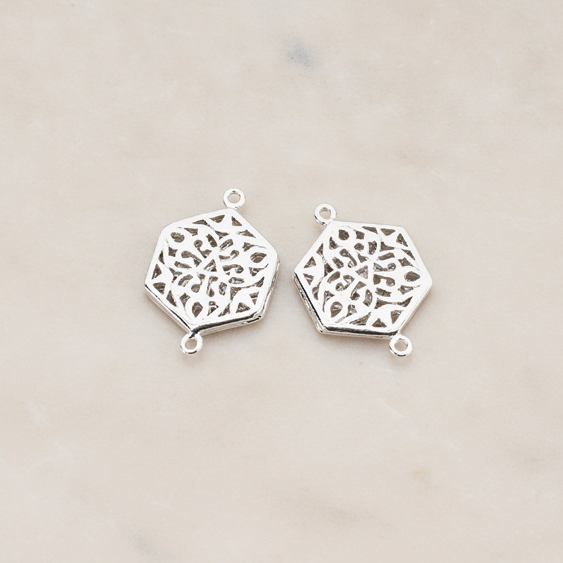 Gothic Celtic Hexagon Connector, 2 Pc - Glossy Original Rhodium (CN.032)