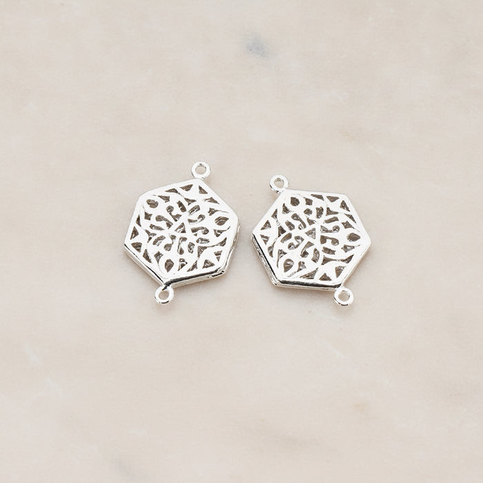 Gothic Celtic Hexagon Connector, 2 Pc - Glossy Original Rhodium (CN.032)