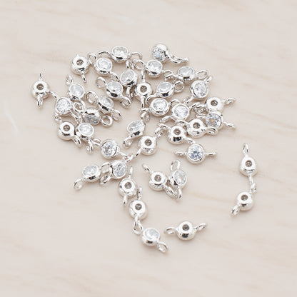 Clear Crystal Cubic Zirconia Round Framed CZ Connector, 2 Pc - Glossy Original Rhodium (CN.059)