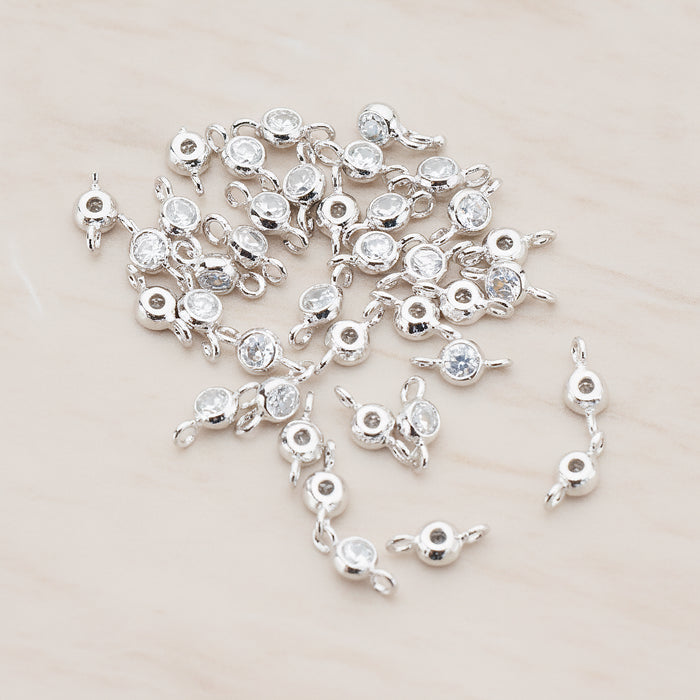Clear Crystal Cubic Zirconia Round Framed CZ Connector, 2 Pc - Glossy Original Rhodium (CN.059)